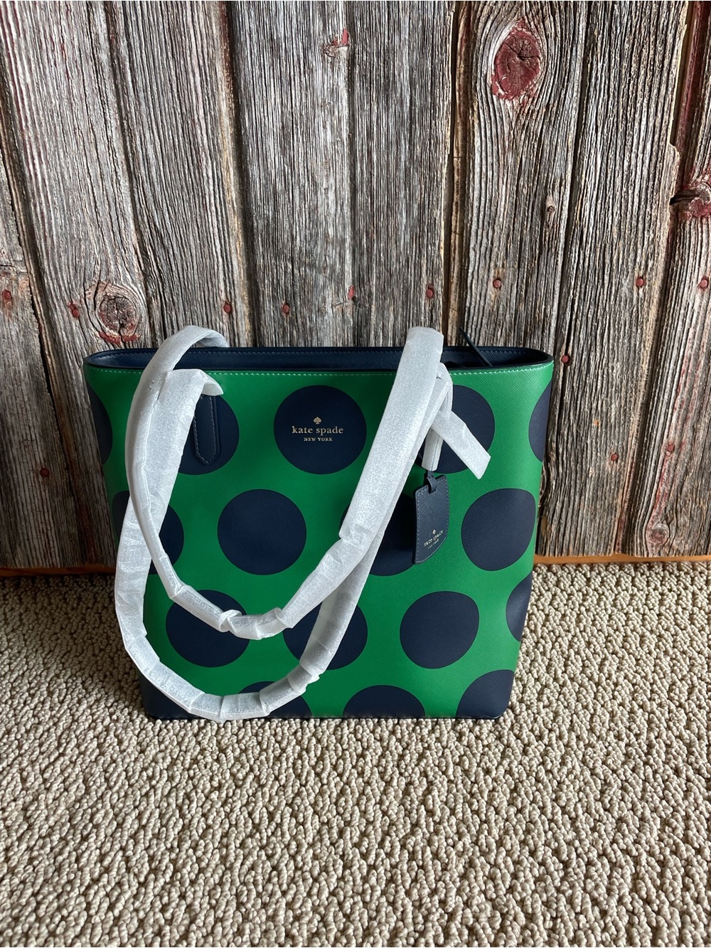 Kate Spade Brynn Cheerful Dot Tote Green with Navy Blue Polka Dots